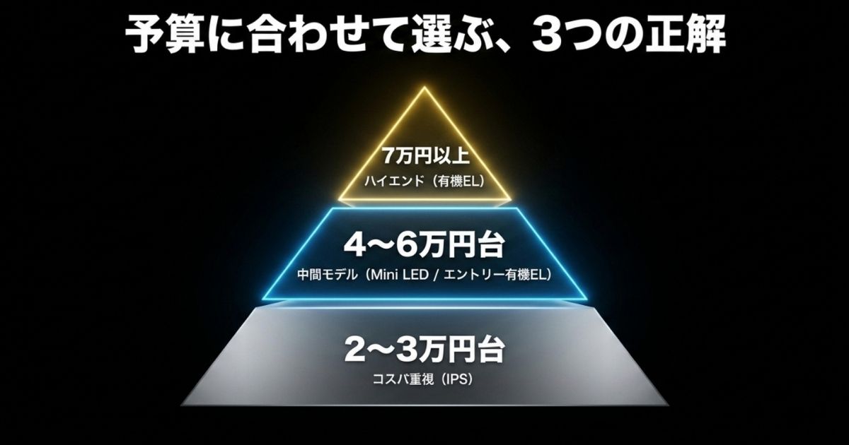 コスパ重視の2〜3万円台、中間モデルの4〜6万円台、ハイエンドの7万円以上という3つの予算別モニター選択基準