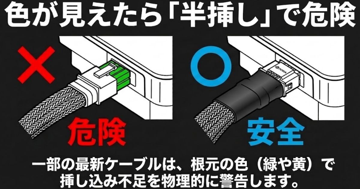 一部の最新ケーブルに採用されている、根元の色（緑や黄）が見えたら半挿しで危険であることを物理的に警告する仕組みの図解