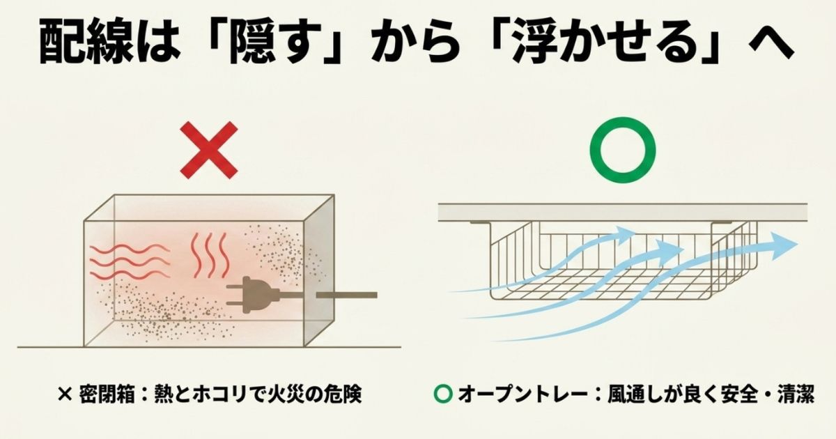 密閉箱による火災の危険性と、オープントレーによる安全で清潔な配線整理の比較