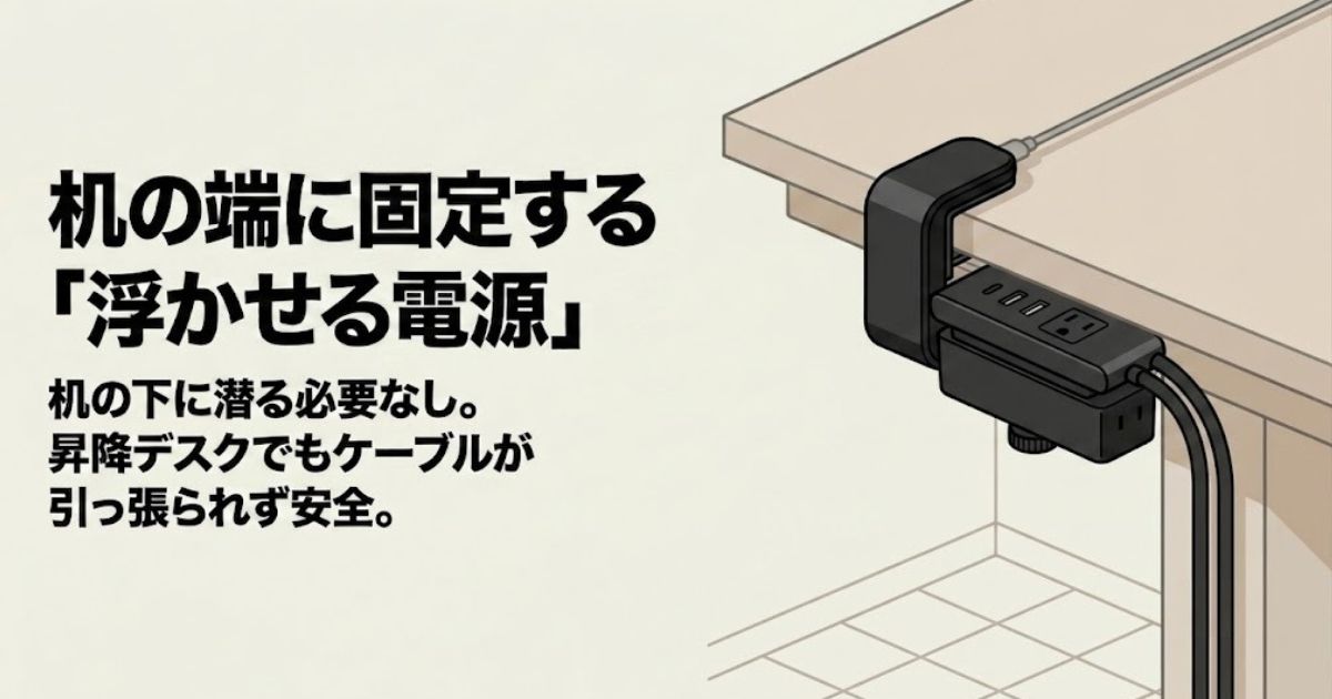 机の下に潜る必要がなく、ケーブルが引っ張られず安全なクランプ式の浮かせる電源