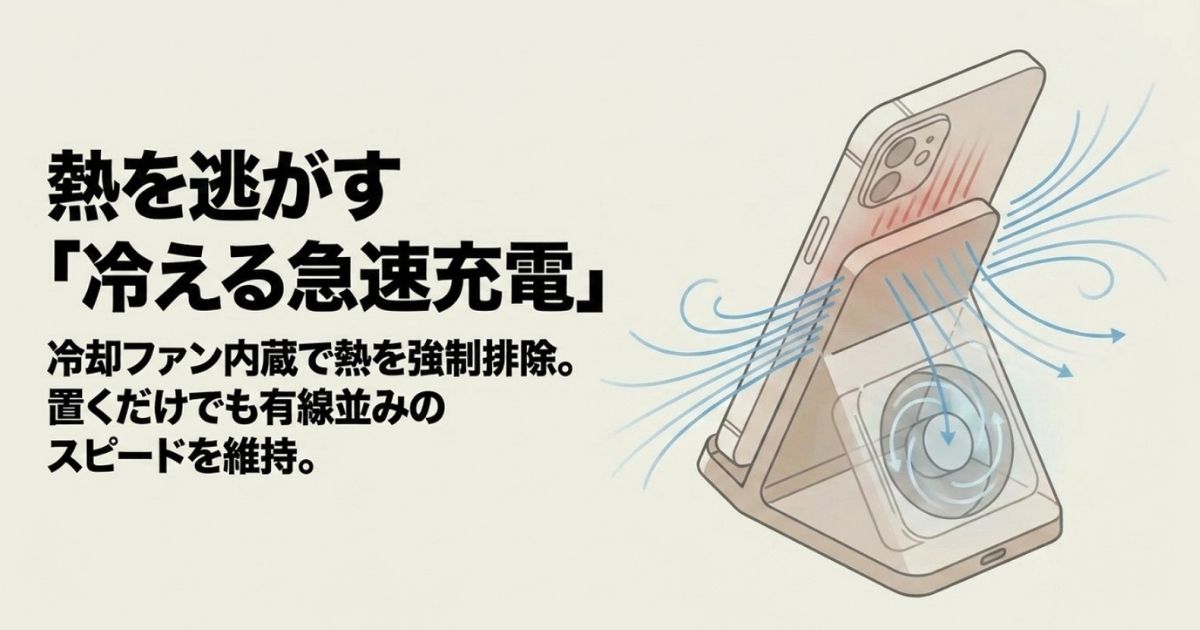 冷却ファン内蔵で熱を強制排除し、有線並みのスピードを維持する急速充電