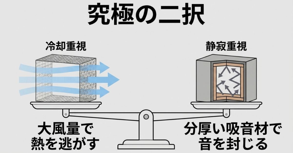 大風量で熱を逃がす冷却重視のメッシュケースと、分厚い吸音材で音を封じる静音重視の密閉ケースを天秤にかけた比較図