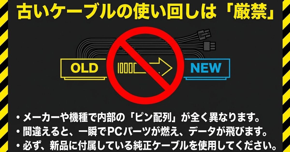 メーカーや機種で内部のピン配列が全く異なるため、古いケーブルを使い回すとPCパーツが燃えるなど危険である旨を警告するスライド