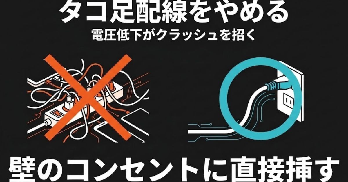 電圧低下を防ぐためタコ足配線をやめて壁のコンセントに直接挿す対策