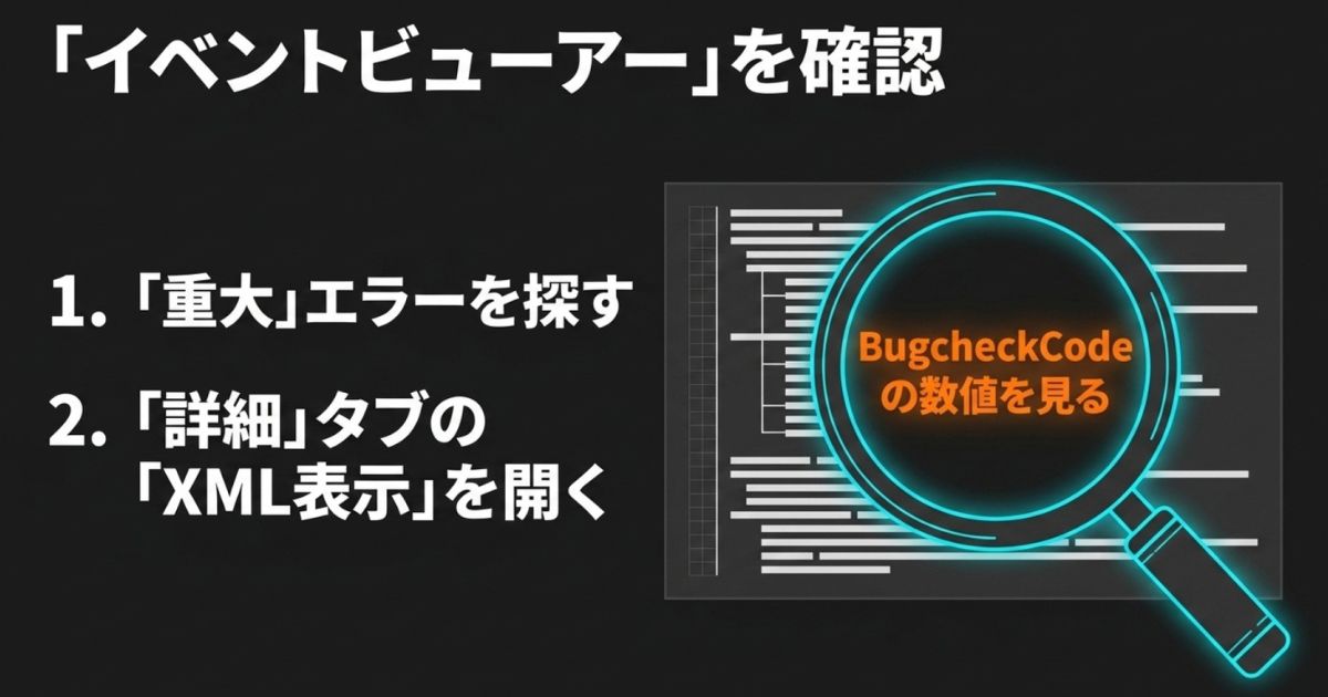 イベントビューアーで重大エラーとBugcheckCodeの数値を調べる手順