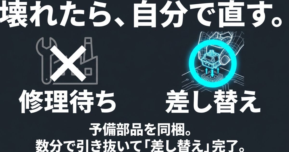 修理待ちをせず、付属の予備部品を使って数分でスイッチを差し替える様子を説明した図