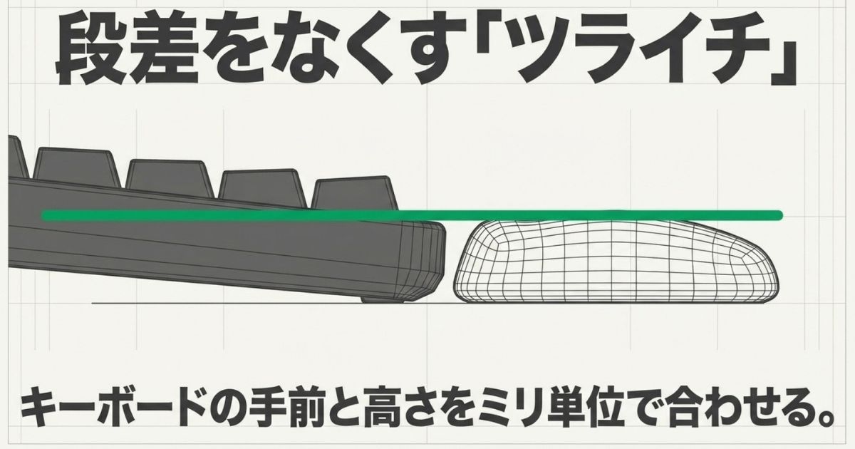 キーボードの手前側とパームレストの高さをミリ単位で合わせてツライチにする図解