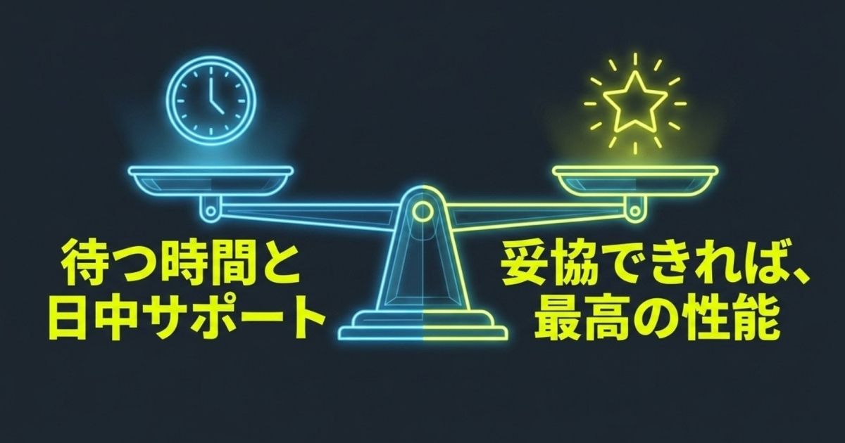待つ時間と日中サポートを妥協できれば最高の性能が得られることを伝えるスライド