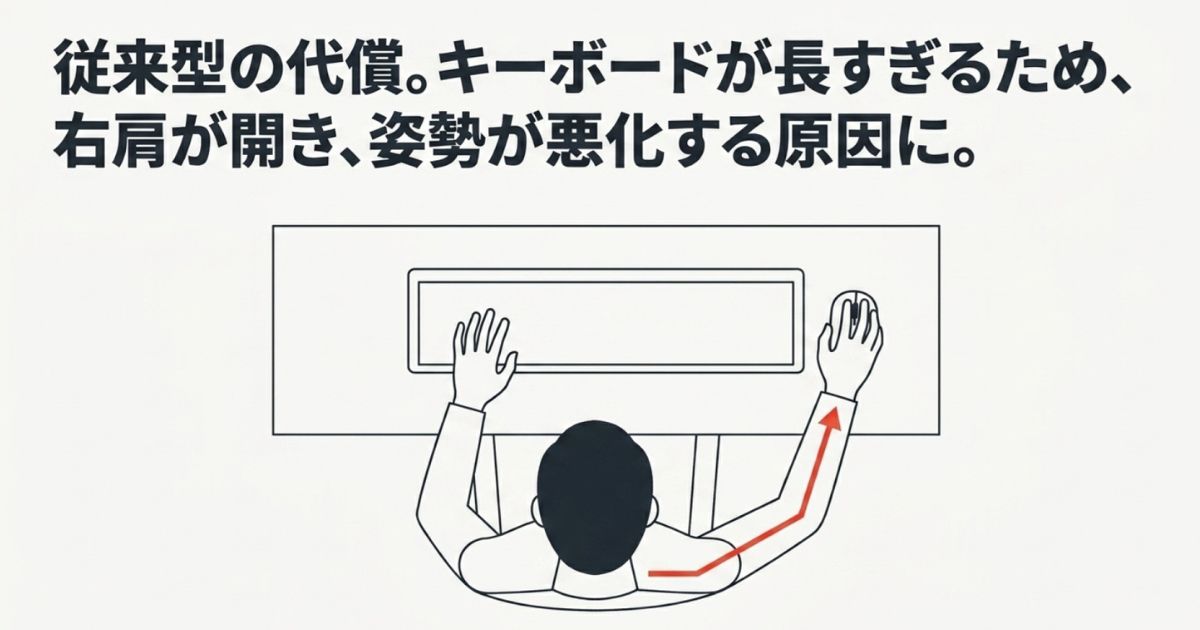 キーボードが長すぎるため右肩が開き、姿勢が悪化する原因になることを示す従来型の代償のイラスト