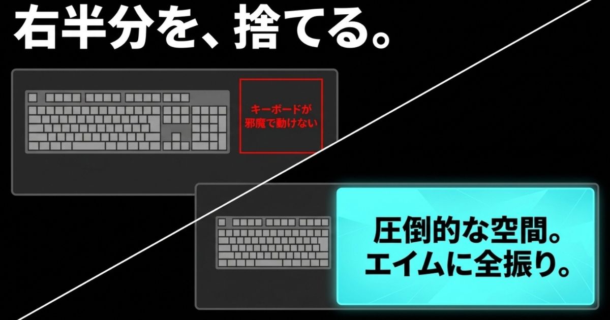 右半分を捨ててキーボードが邪魔にならない圧倒的な空間を確保し、エイムに全振りするデスク環境