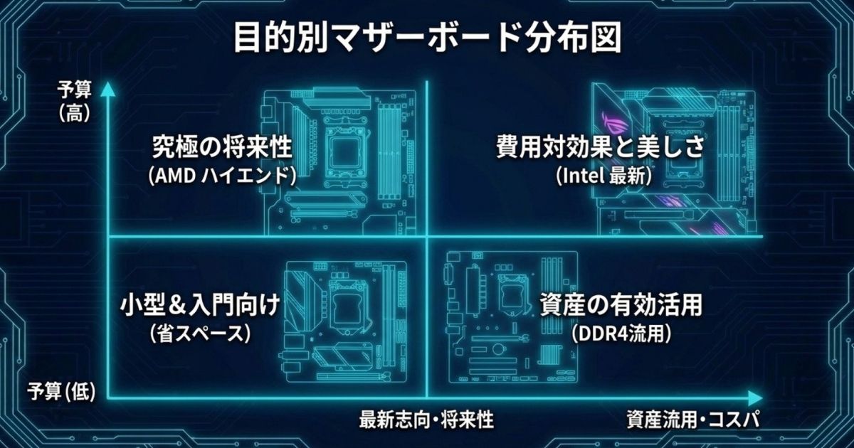 予算や最新志向、資産流用などの目的に合わせたゲーミングマザーボードの分布図