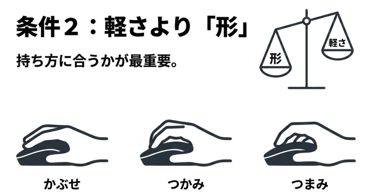 ゲーミングマウス選びの条件2。軽さよりも自分の持ち方(かぶせ・つかみ・つまみ)に合う形状が重要であることを示す図解
