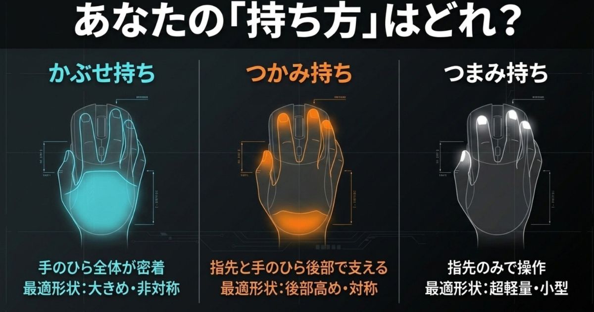 かぶせ持ち・つかみ持ち・つまみ持ちの特徴とそれぞれに適したマウス形状の比較図