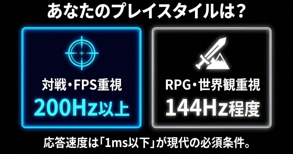 対戦・FPS重視の200Hz以上と、RPG・世界観重視の144Hz程度など、プレイスタイルに合わせた推奨リフレッシュレート