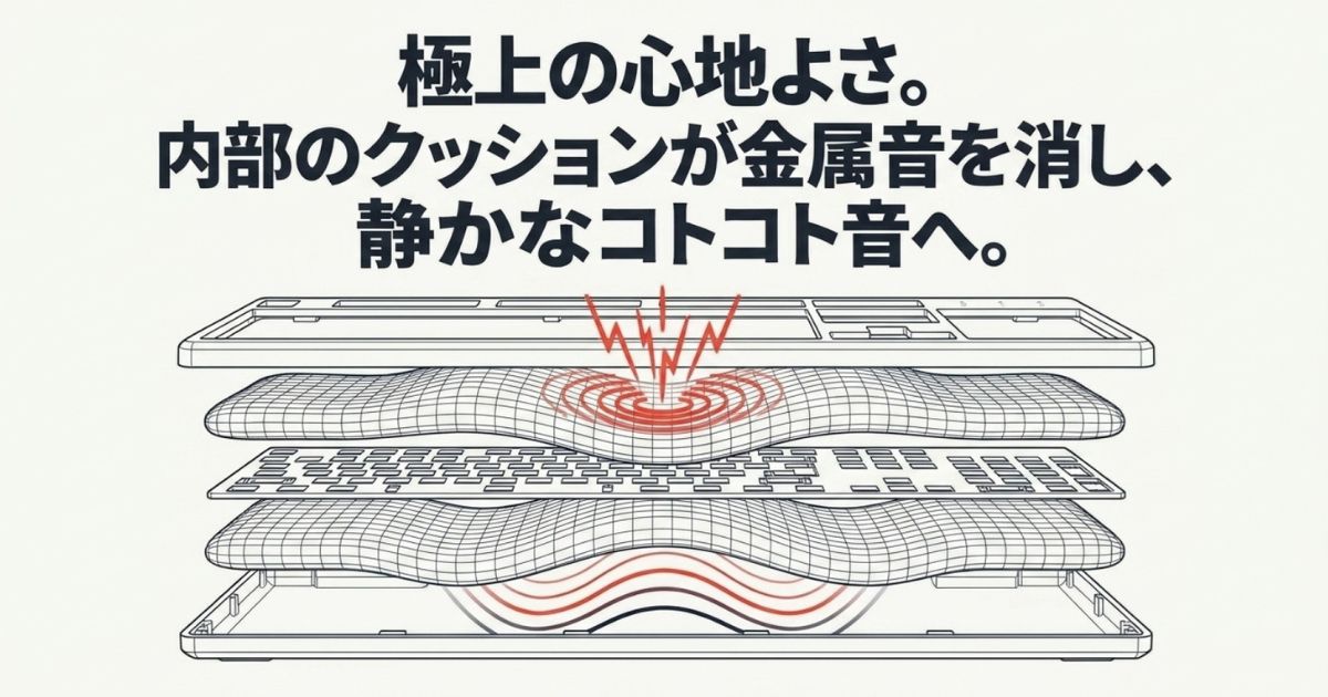 内部のクッションが金属音を消し、静かなコトコト音へと変える構造を示す図