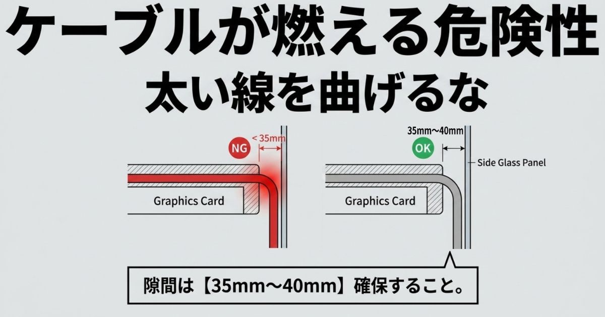 グラフィックボードの太いケーブルを無理に曲げると燃える危険性があるため、サイドガラスパネルとの隙間を35mmから40mm確保するよう警告する図