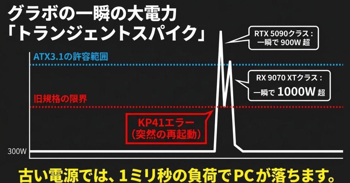 RTX5090クラスで一瞬で900W超、RX9070XTクラスで一瞬で1000W超のトランジェントスパイクが発生し、旧規格の限界を超えてKP41エラー（突然の再起動）が起きることを示すグラフ