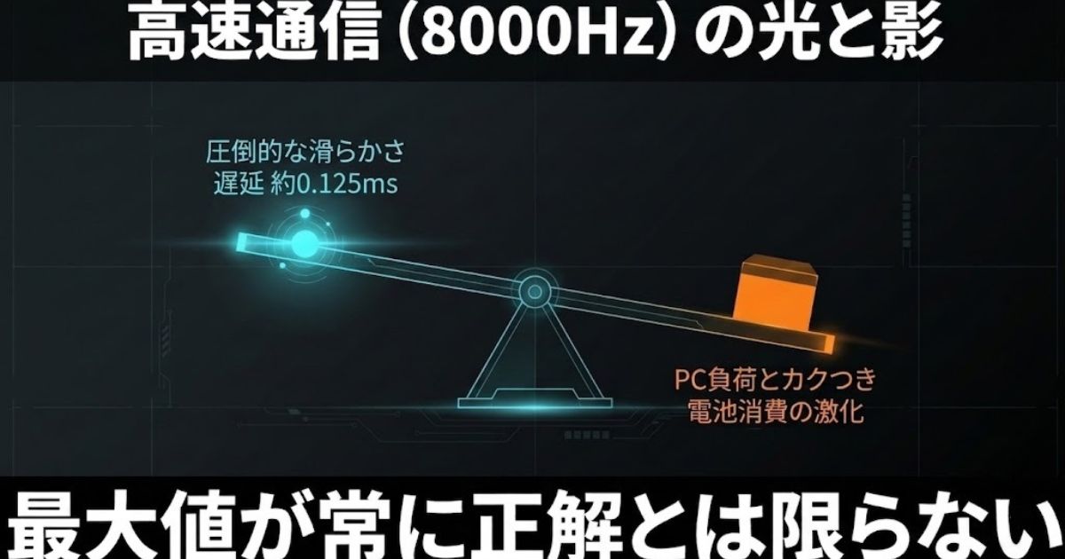 8000Hz通信の滑らかさとPC負荷・バッテリー消費のトレードオフを示すシーソー図