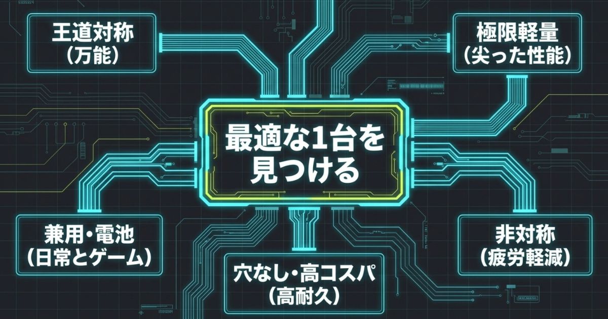 王道対称、極限軽量、非対称、兼用・電池、穴なし・高コスパという5つのカテゴリー別マウスの選び方