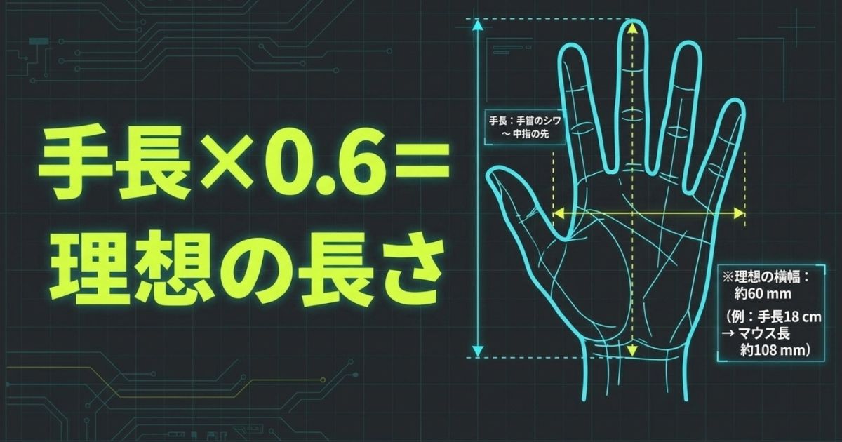 手首のシワから中指の先までの手長に0.6を掛けた数値を、理想のマウスの長さとする算出方法