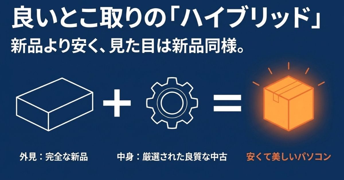 新品ケースと厳選された良質な中古パーツを組み合わせたハイブリッドPCのメリットを図解