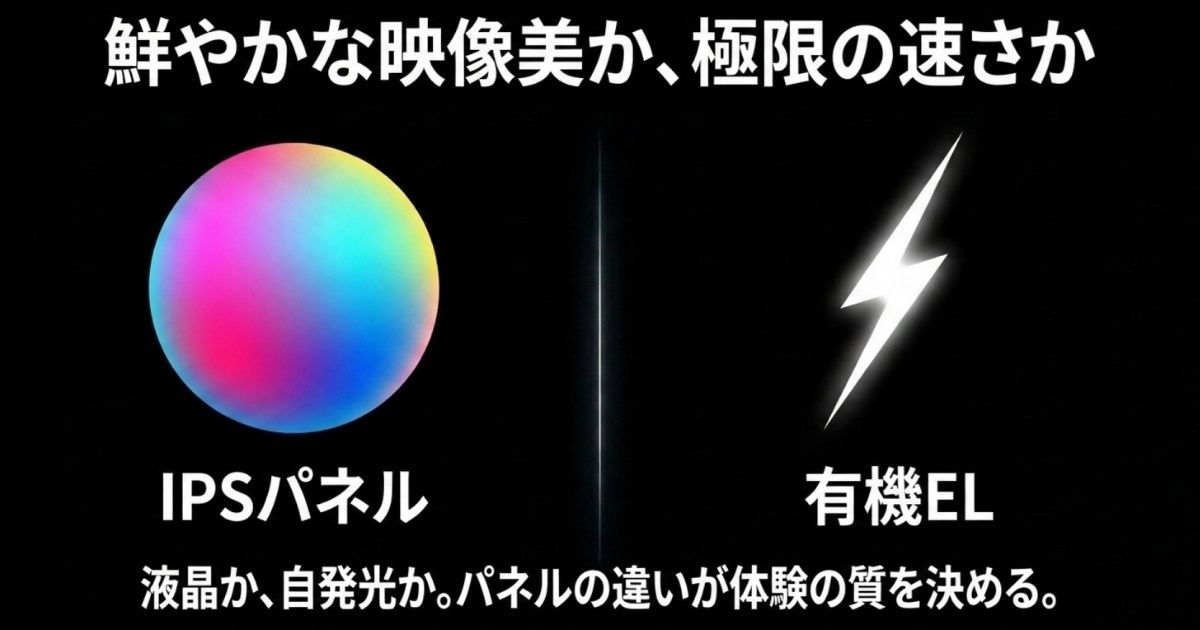 鮮やかな発色のIPSパネルと極限の応答速度を持つ有機ELパネルの視覚的イメージ / IPS系、Mini LED、有機ELパネルそれぞれの発色、応答速度、黒の表現力、価格帯の比較一覧