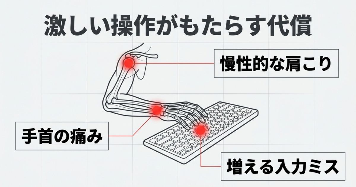 激しいキーボード操作がもたらす肩こりや手首の痛み、入力ミス増加の図解
