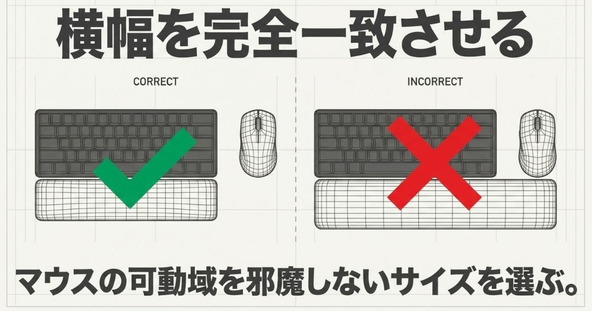 マウスの可動域を邪魔しないようキーボードの横幅とパームレストのサイズを一致させる配置図
