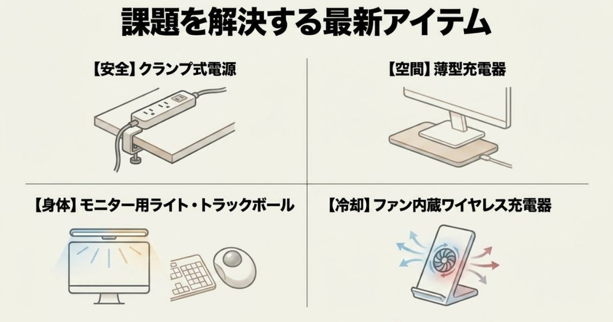 クランプ式電源、薄型充電器、モニター用ライト、ファン内蔵ワイヤレス充電器などの課題を解決する最新アイテム