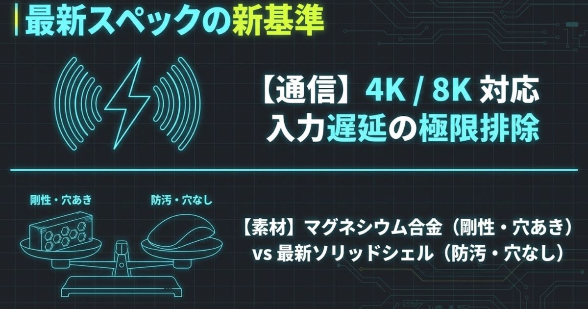 4K/8K対応通信や、マグネシウム合金と最新ソリッドシェルの比較など、小型マウスに求められる最新スペックの新基準