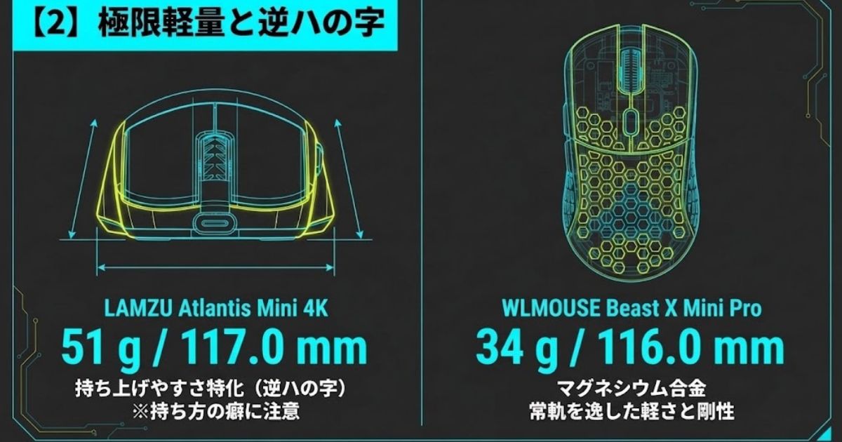 LAMZU Atlantis Mini 4KとWLMOUSE Beast X Mini Proの特徴、重量、寸法などのスペック比較