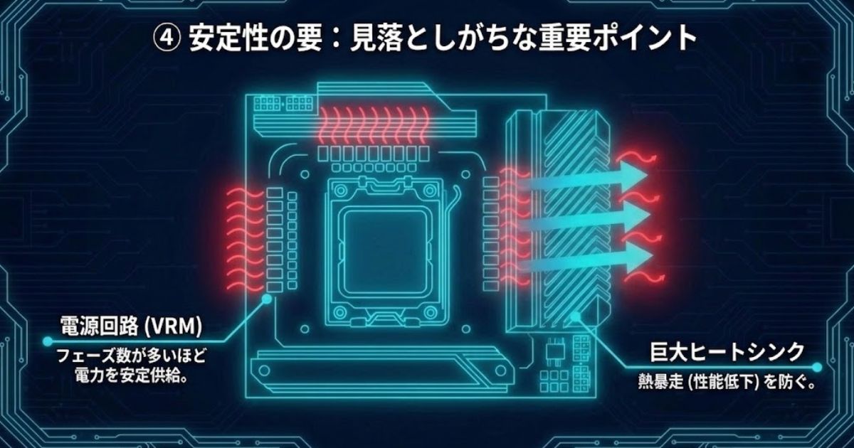 マザーボードの安定性を決める電源回路(VRM)のフェーズ数と巨大ヒートシンクの役割