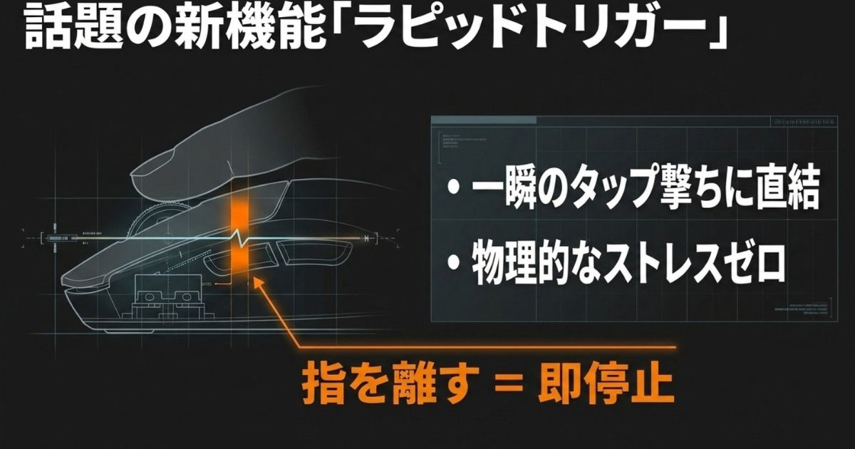 指を離すと即停止するゲーミングマウスのラピッドトリガー機構の解説スライド