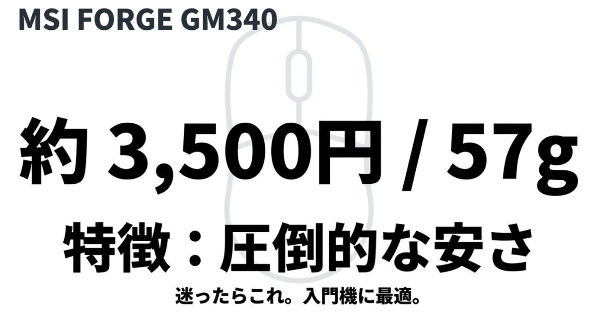 エントリー向けコスパ最強ゲーミングマウス「MSI FORGE GM340 WIRELESS」の特徴と価格