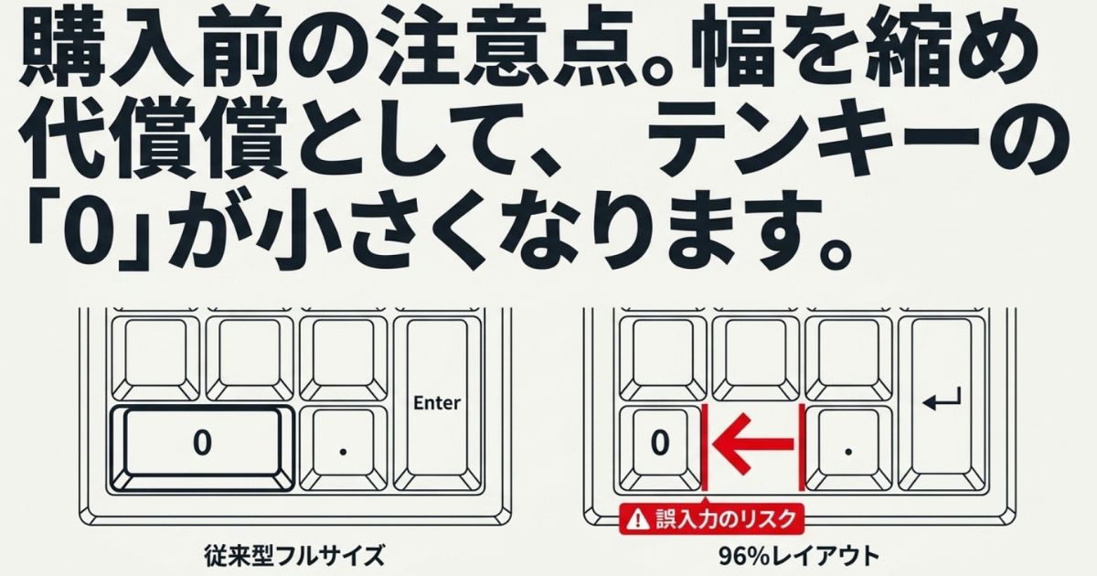幅を縮めた代償としてテンキーの「0」が小さくなり、誤入力のリスクがあることを示す購入前の注意点