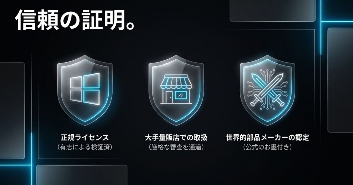 信頼の証明。正規ライセンス検証済、大手量販店での取扱、世界的部品メーカーの認定