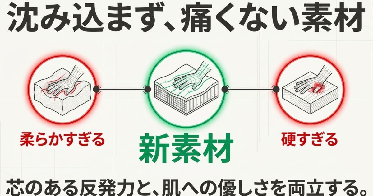 柔らかすぎず硬すぎない、芯のある反発力を持ったパームレスト最新素材の比較図
