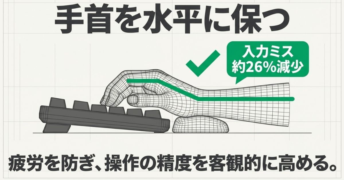 手首を水平に保つことで入力ミスが約26%減少し操作精度が高まるデータ図