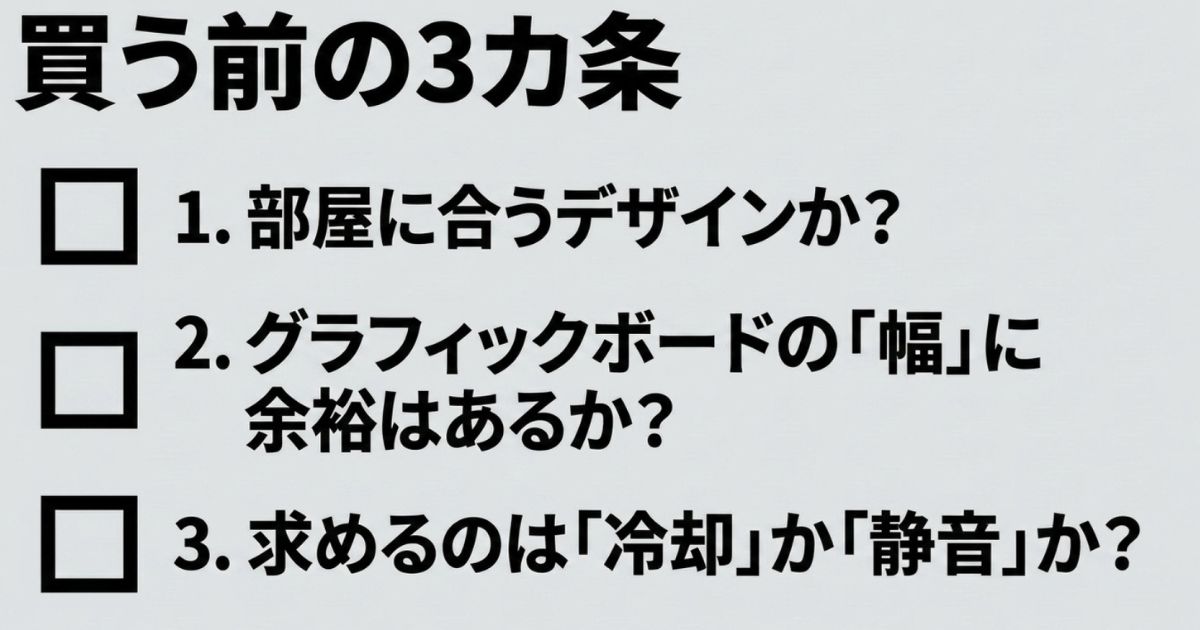 PCケース購入前に確認すべき3つのポイント（部屋に合うデザインか、グラフィックボードの幅に余裕はあるか、求めるのは冷却か静音か）のチェックリスト