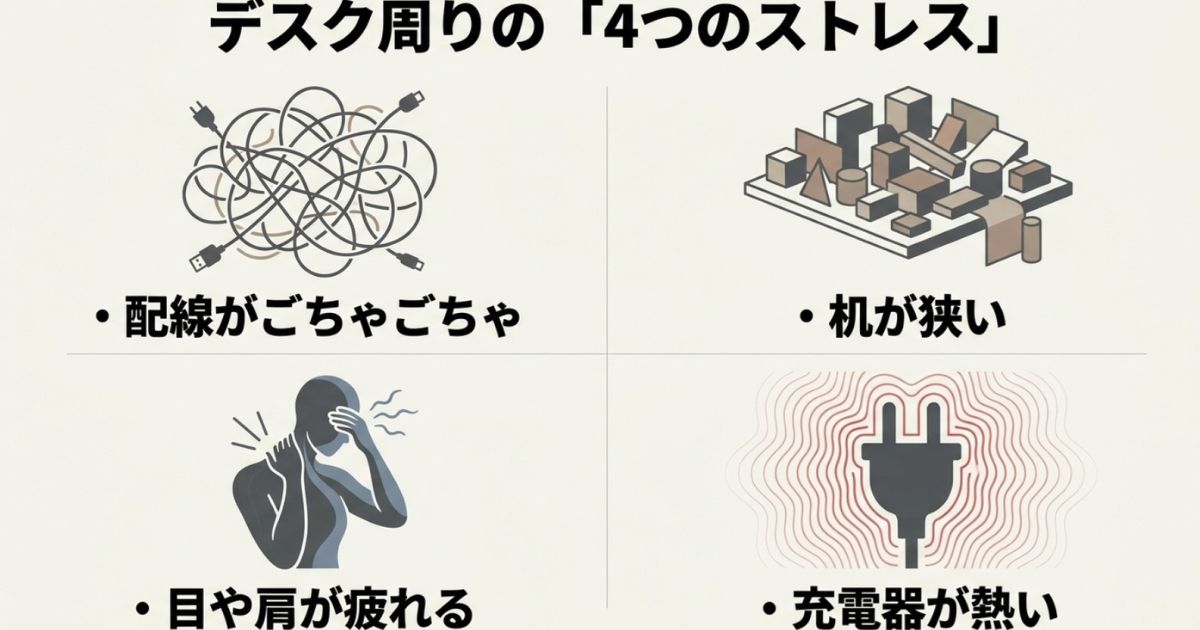 配線がごちゃごちゃ、机が狭い、目や肩が疲れる、充電器が熱いというデスク周りの4つのストレス