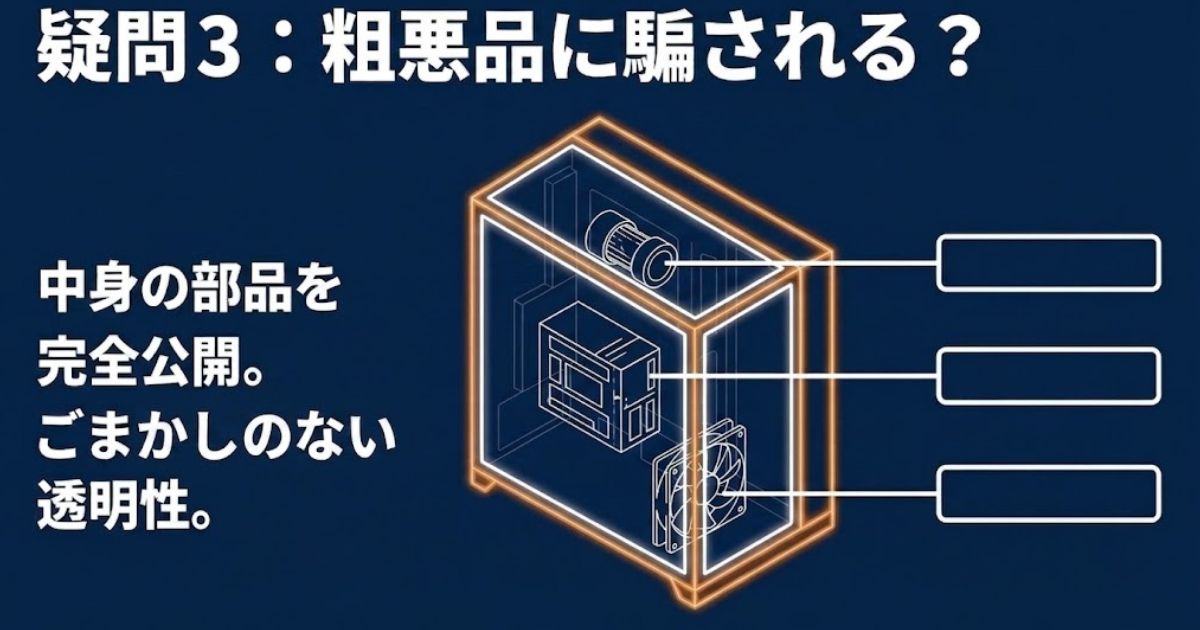 中身の部品を完全公開し、ごまかしのない透明性を提供していることの解説