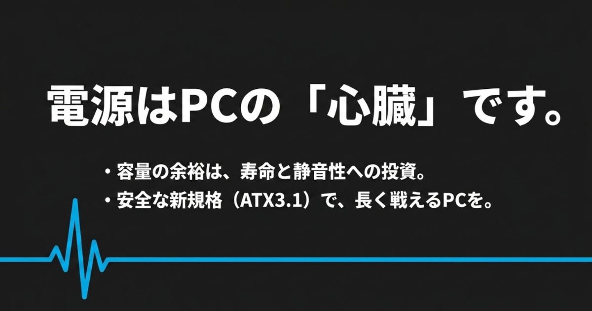 電源はPCの心臓であり、容量の余裕は寿命と静音性への投資であること、安全な新規格ATX3.1で長く戦えるPCを組むべきであるというまとめのメッセージ