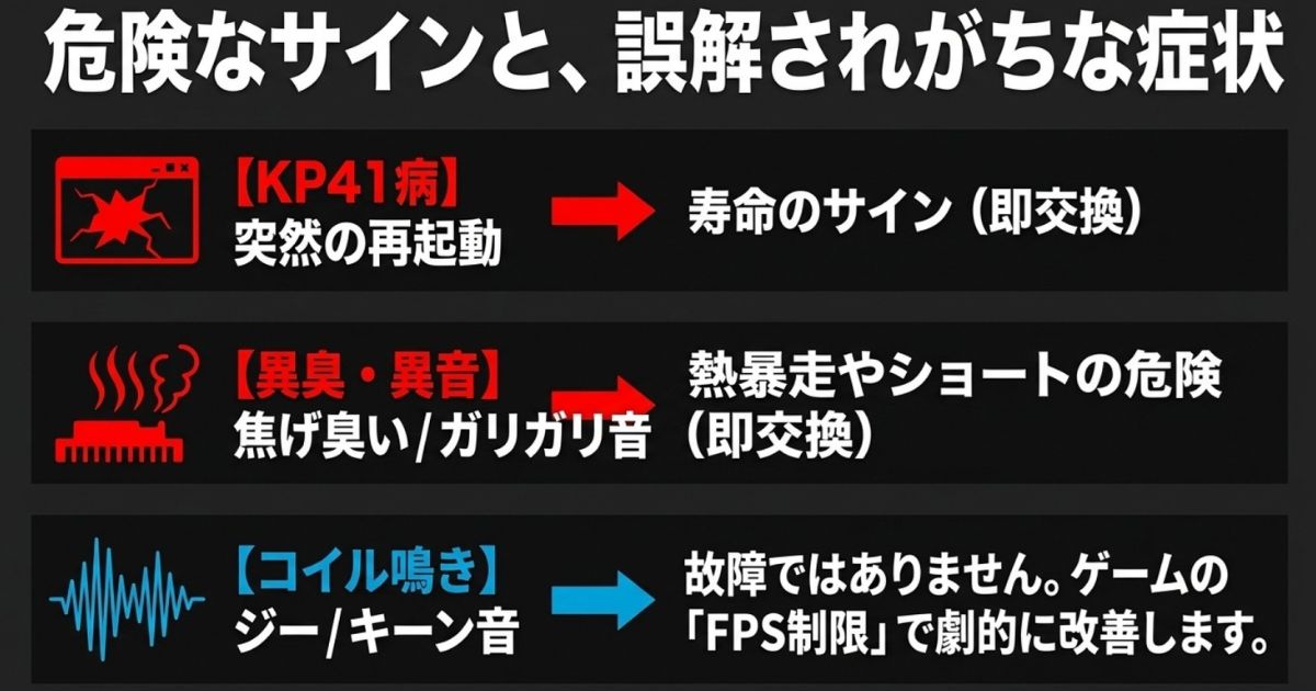 即交換が必要なKP41病（突然の再起動）や異臭・異音と、故障ではなくFPS制限で改善するコイル鳴き（ジー・キーン音）の違いをまとめた解説