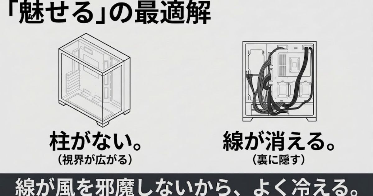 柱がないピラーレス構造による視界の広がりと、線が消える裏配線構造によって冷却性能も向上することを説明する図