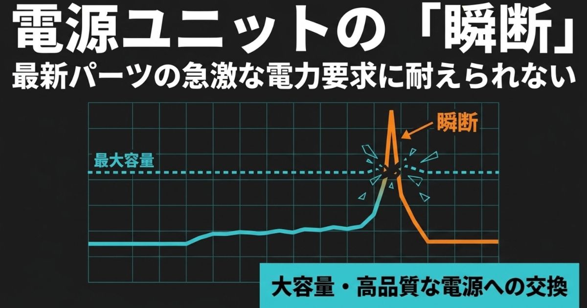 最新PCパーツの急激な電力要求による電源ユニットの瞬断を示すグラフ
