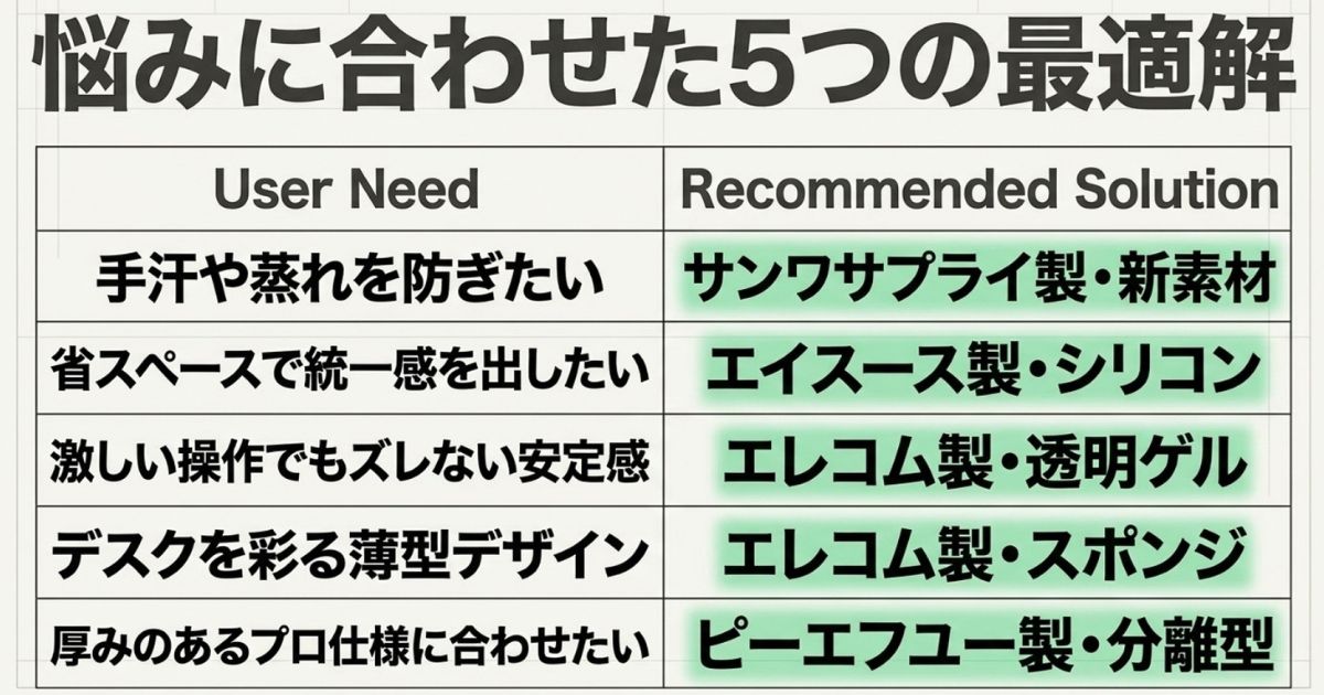手汗やサイズ、安定感などのユーザーの悩みに対応するおすすめパームレスト5選の一覧表画像