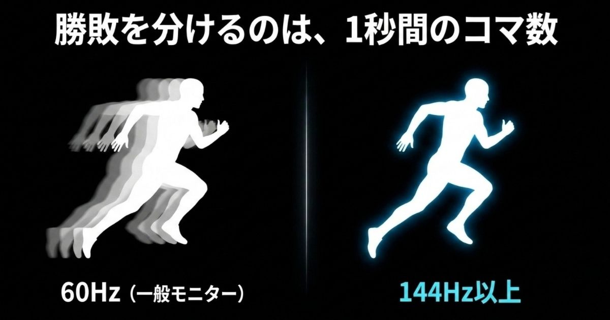 60Hzと144Hz以上のゲーミングモニターにおける、1秒間のコマ数と残像感の違い