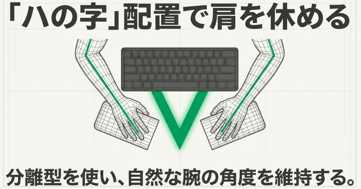 分離型パームレストを活用して自然な腕の角度を維持するハの字配置の解説