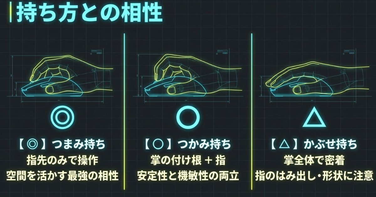 つまみ持ち、つかみ持ち、かぶせ持ちの3種類のグリップスタイルにおける、小型ゲーミングマウスとの相性と特徴