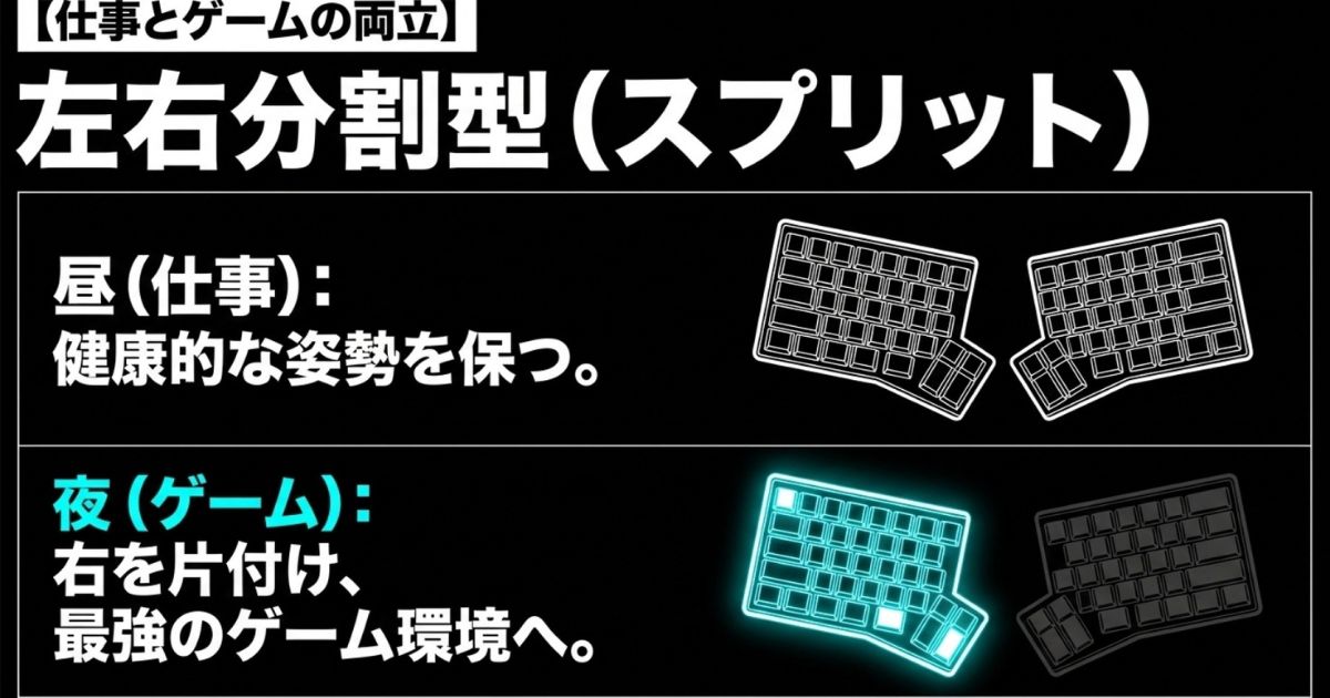 昼の仕事中は健康的な姿勢を保ち、夜のゲーム中は右を片付けて最強のゲーム環境へ移行できる左右分割型(スプリット)